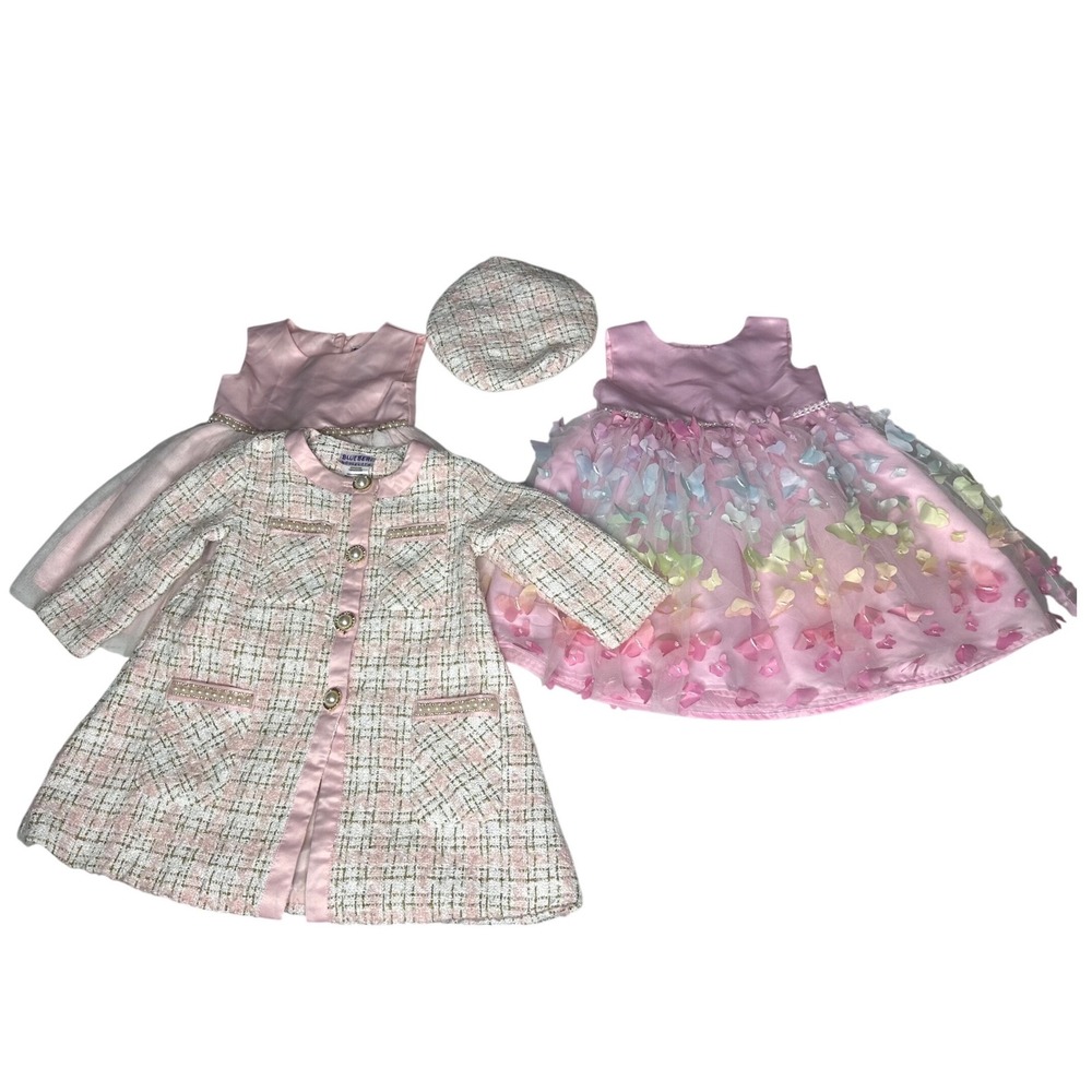 Blueberi Boulevard Toddler Girl 4pc Lot Pink Tweed Coat 2 Dresses Beret Size 2T